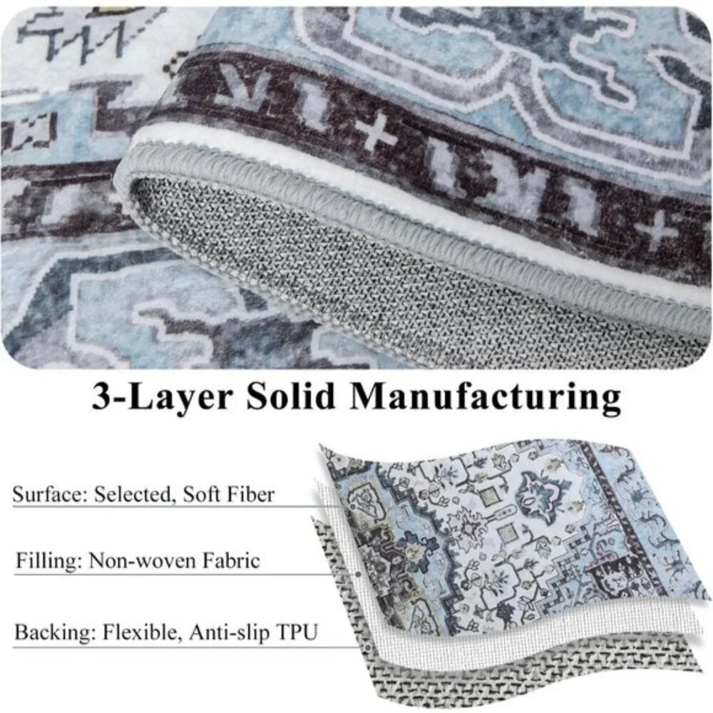 New 5x7 Vintage Blue Area Rug, Washable, Low Pile Non-Slip Distressed Carpet